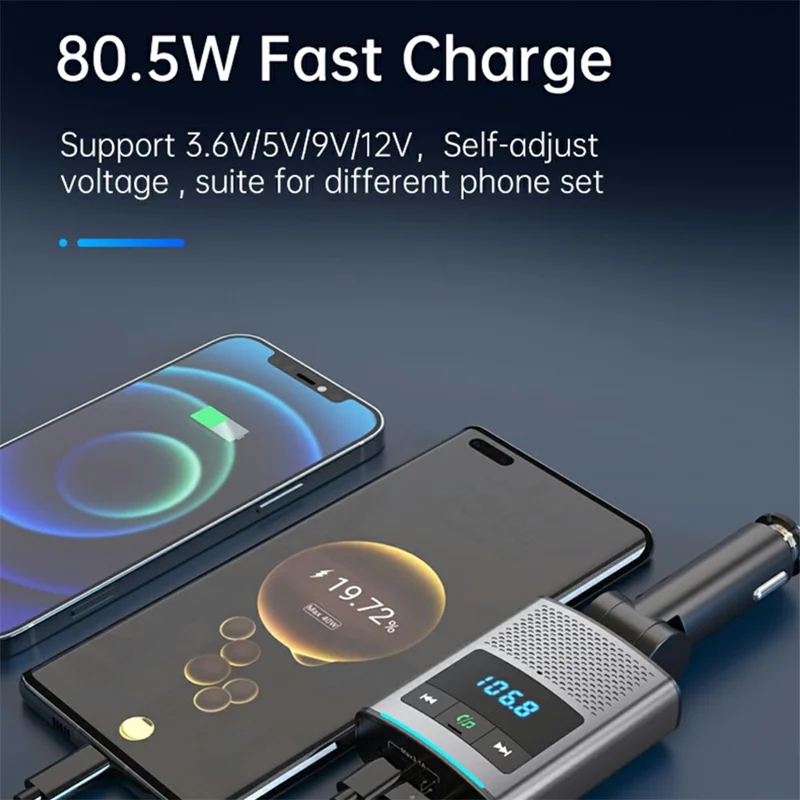 GZ16 Car Voltage Display Charger Bluetooth-Compatible MP3 Player with Retraction Type-C Cable