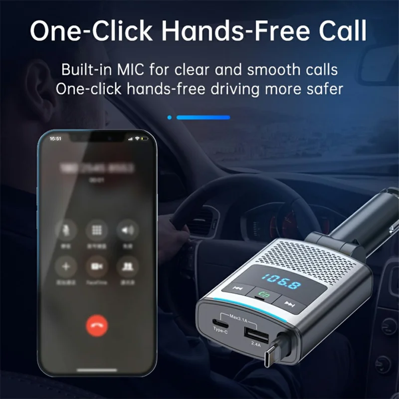 GZ16 Car Voltage Display Charger Bluetooth-Compatible MP3 Player with Retraction Type-C Cable