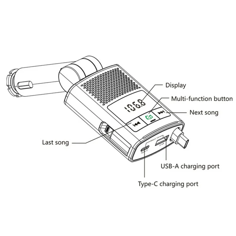 GZ16 Car Voltage Display Charger Bluetooth-Compatible MP3 Player with Retraction Type-C Cable
