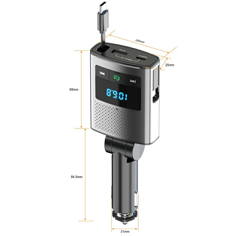 GZ16 Car Voltage Display Charger Bluetooth-Compatible MP3 Player with Retraction Type-C Cable