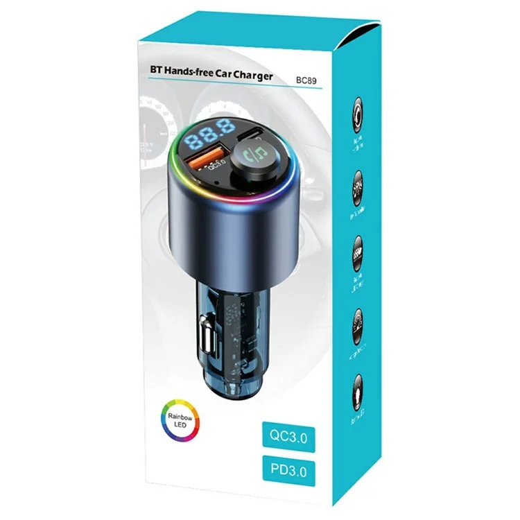 BC89 Caricabatterie per Auto 48W Adattatore di Ricarica Rapida Lettore MP3 Bluetooth Trasmettitore FM con Luce Ambiente