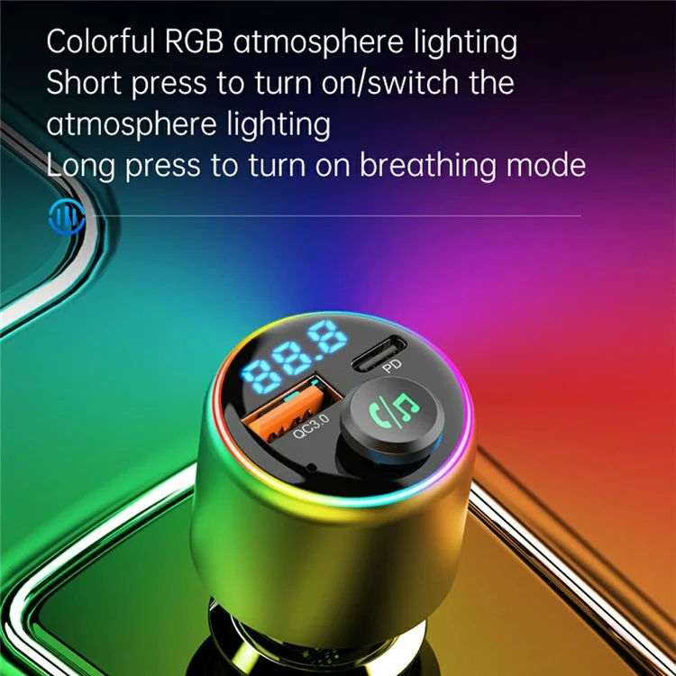 BC89 Caricabatterie per Auto 48W Adattatore di Ricarica Rapida Lettore MP3 Bluetooth Trasmettitore FM con Luce Ambiente