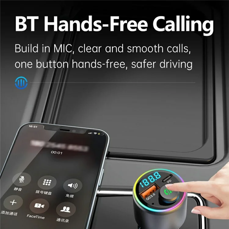 BC89 Caricabatterie per Auto 48W Adattatore di Ricarica Rapida Lettore MP3 Bluetooth Trasmettitore FM con Luce Ambiente