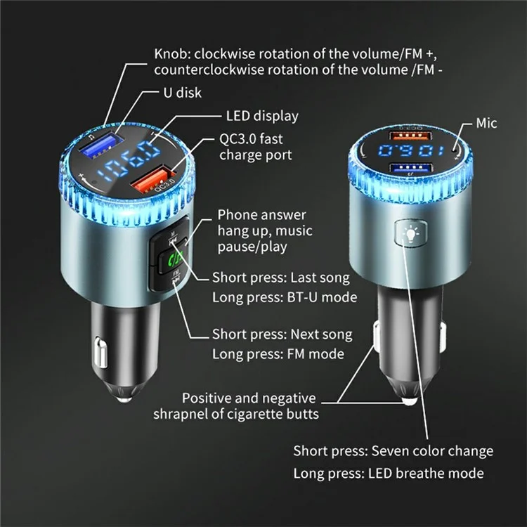 BC77 MP3 Player Ambient Light Digital Display Bluetooth-Compatible Car Charger FM Transmitter Support U-Disk
