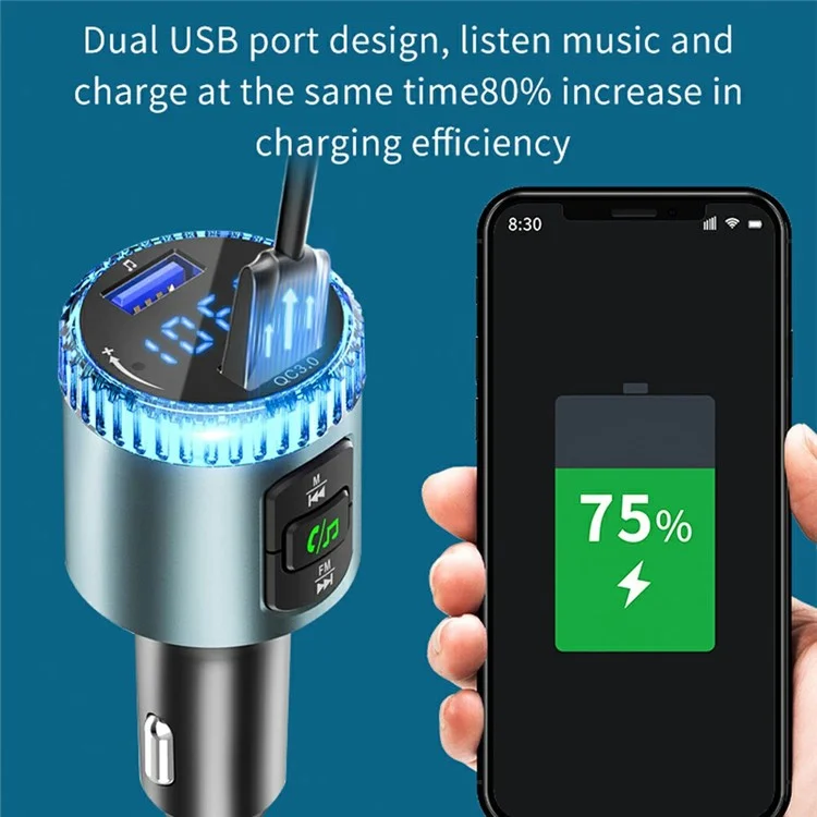 BC77 MP3 Player Ambient Light Digital Display Bluetooth-Compatible Car Charger FM Transmitter Support U-Disk
