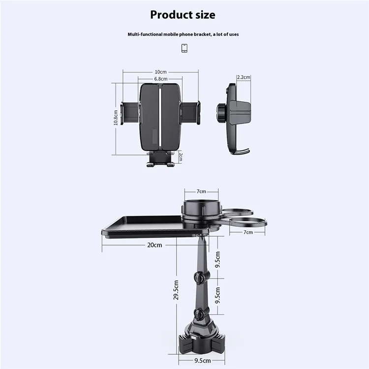 CP252 Multifunction Car Cell Phone Mount Bracket Food Tray with Dual Rotatable Cup Holder