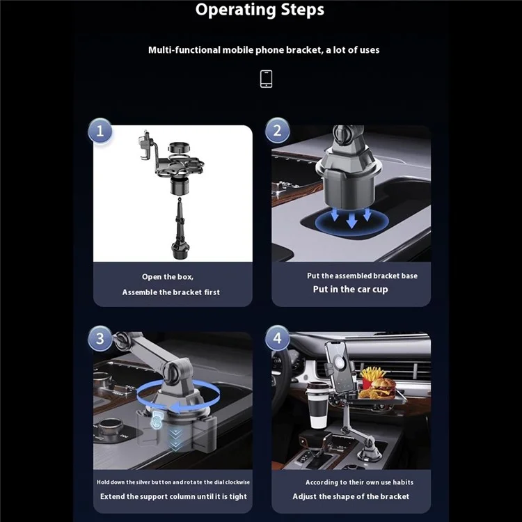 CP252 Multifunction Car Cell Phone Mount Bracket Food Tray with Dual Rotatable Cup Holder