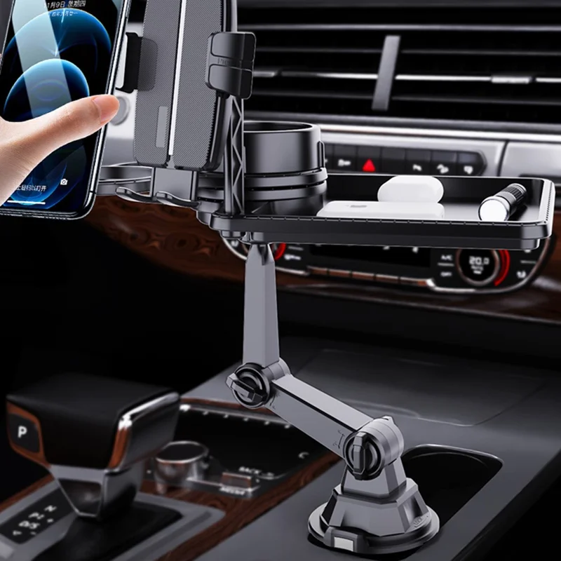 CP252A Universal Multifunction Car Cup Holder Mount Cell Phone Clamp Bracket with Dual Food Tray