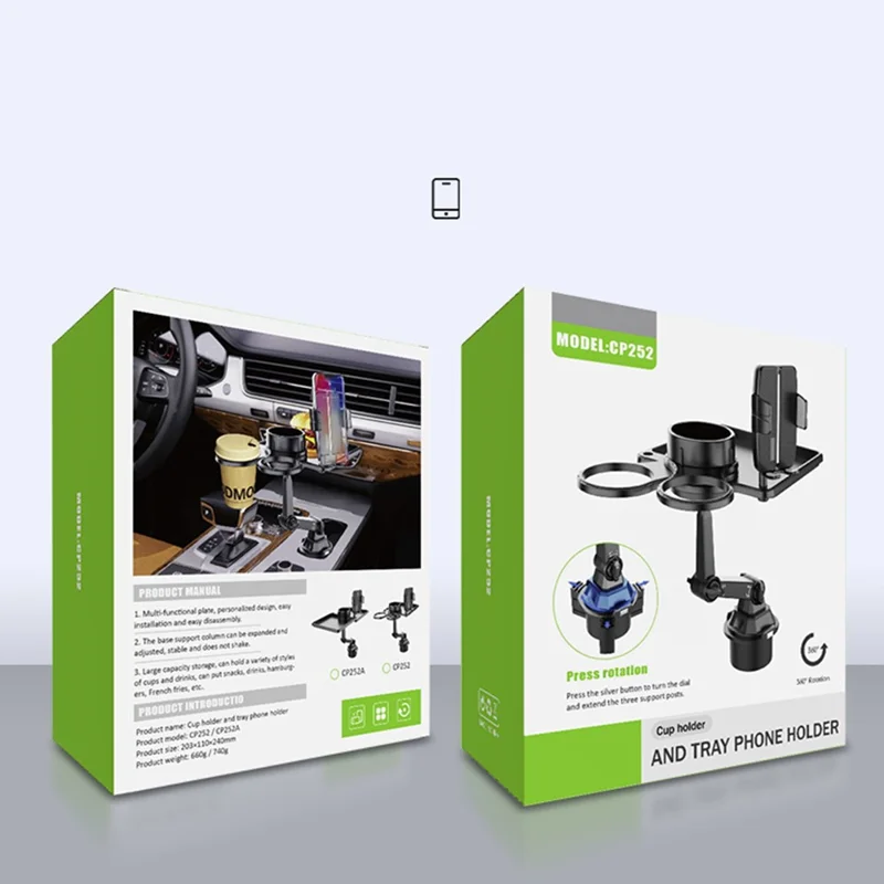 CP252A Universal Multifunction Car Cup Holder Mount Cell Phone Clamp Bracket with Dual Food Tray