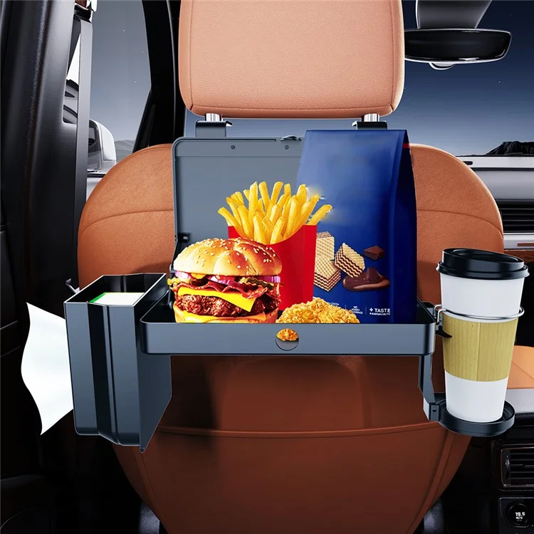 Support de plateau repas pour siège arrière de voiture K255, avec porte-gobelet, boîte à mouchoirs et organisateur extensible en plastique