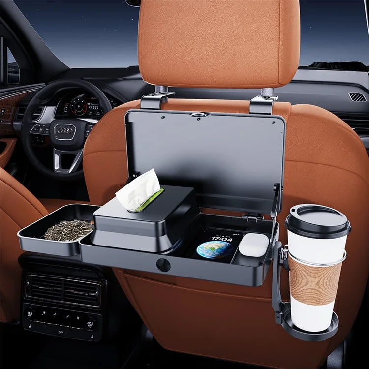 Support de plateau repas pour siège arrière de voiture K255, avec porte-gobelet, boîte à mouchoirs et organisateur extensible en plastique
