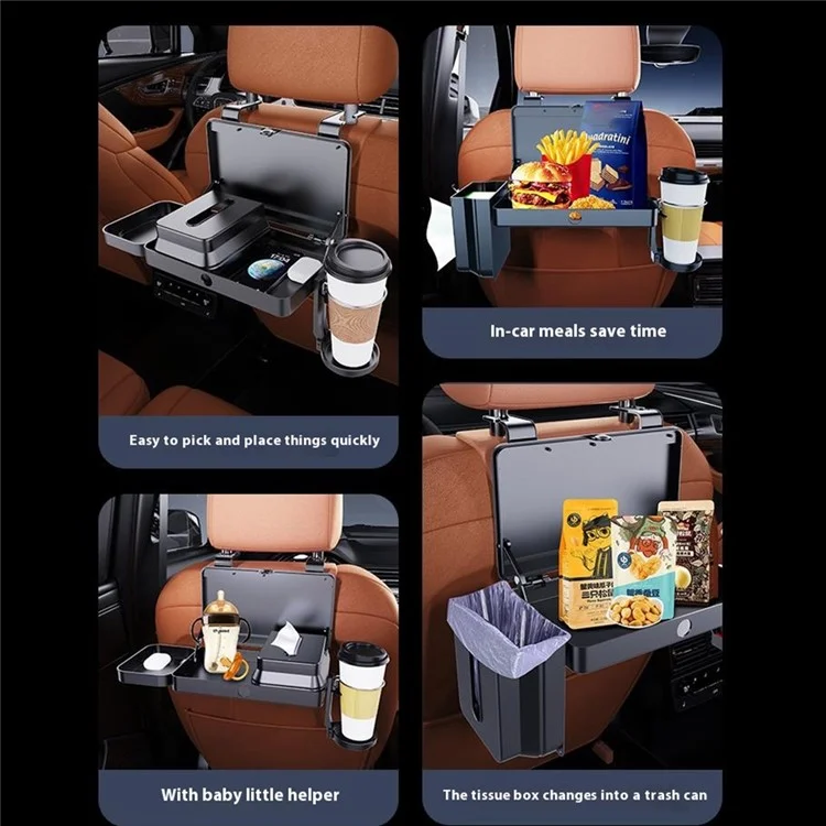 Support de plateau repas pour siège arrière de voiture K255, avec porte-gobelet, boîte à mouchoirs et organisateur extensible en plastique