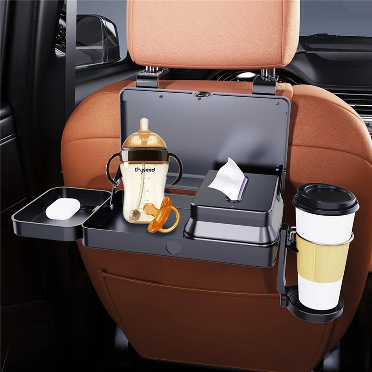 Support de plateau repas pour siège arrière de voiture K255, avec porte-gobelet, boîte à mouchoirs et organisateur extensible en plastique