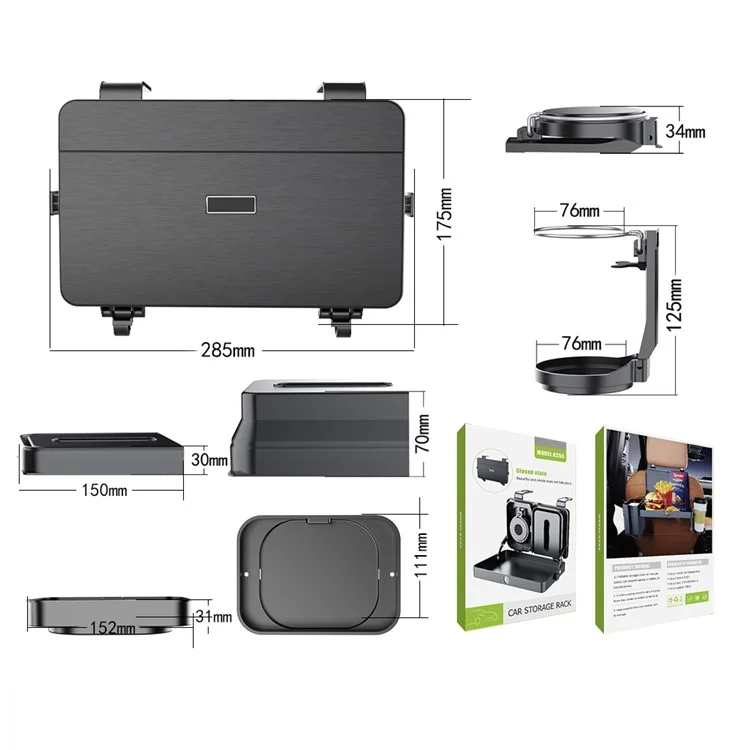 Support de plateau repas pour siège arrière de voiture K255, avec porte-gobelet, boîte à mouchoirs et organisateur extensible en plastique