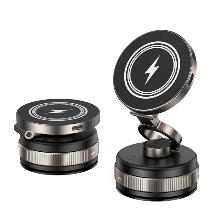 D1W Magnetic Car Phone Holder Wireless Charger 360° Foldable Vacuum Suction Phone Mount Stand - Black