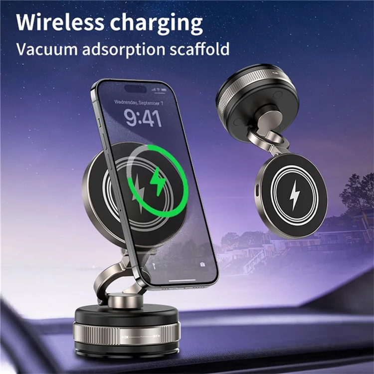 D1W Magnetic Car Phone Holder Wireless Charger 360° Foldable Vacuum Suction Phone Mount Stand - Black
