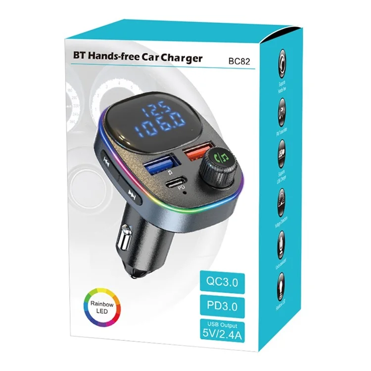 BC82 Digital Display Tensione Monitoraggio Bluetooth Chiamata a Mani Libere Mp3 Player Type-C + Dual USB Car Charger FM Trasmettitore Con Luce Colorata