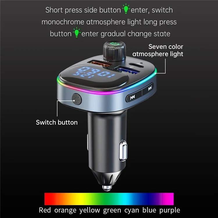 BC82 Digital Display Tensione Monitoraggio Bluetooth Chiamata a Mani Libere Mp3 Player Type-C + Dual USB Car Charger FM Trasmettitore Con Luce Colorata