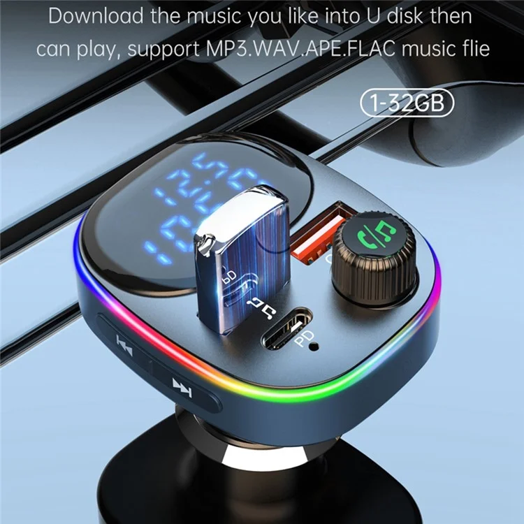 BC82 Digital Display Tensione Monitoraggio Bluetooth Chiamata a Mani Libere Mp3 Player Type-C + Dual USB Car Charger FM Trasmettitore Con Luce Colorata