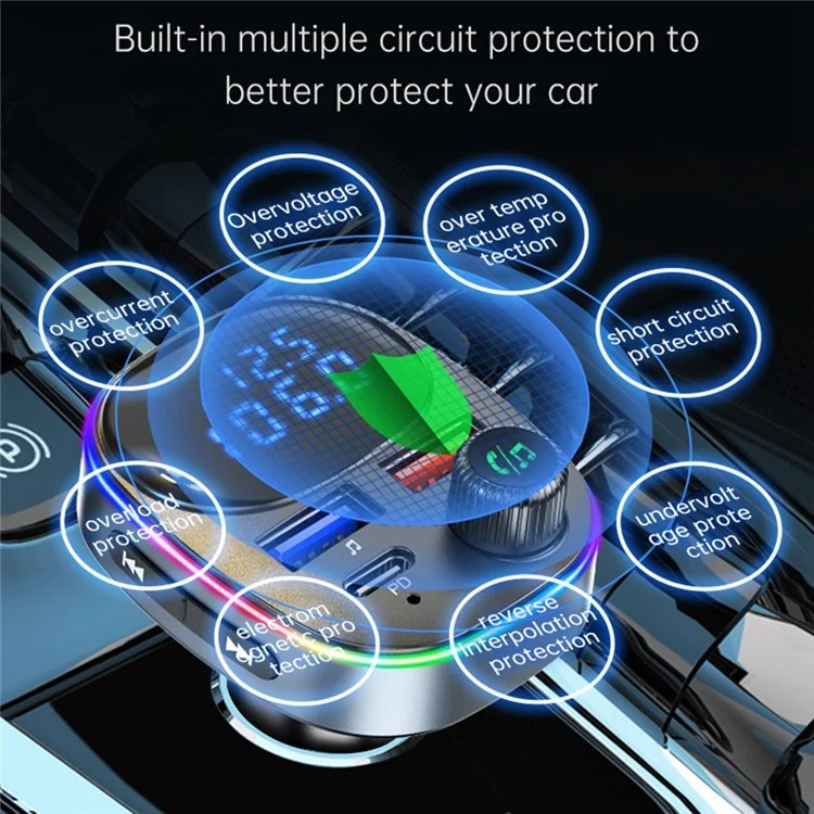BC82 Digital Display Tensione Monitoraggio Bluetooth Chiamata a Mani Libere Mp3 Player Type-C + Dual USB Car Charger FM Trasmettitore Con Luce Colorata