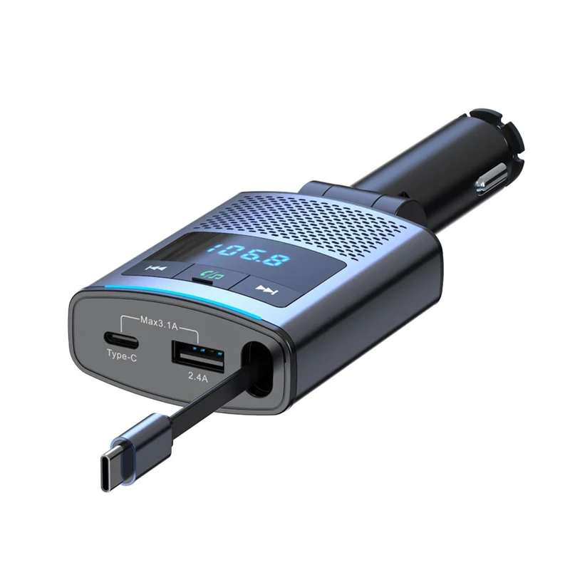 BC99 Trasmettitore FM Bluetooth Caricabatterie per Auto da 65W per Laptop e Telefono con Cavo Retrattile