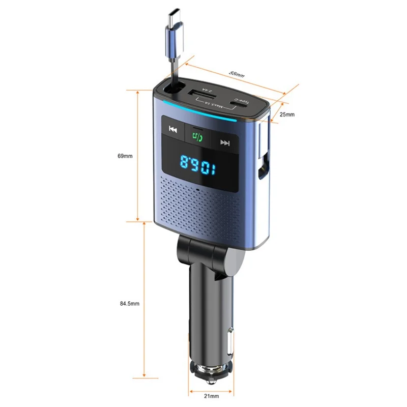 BC99 Trasmettitore FM Bluetooth Caricabatterie per Auto da 65W per Laptop e Telefono con Cavo Retrattile