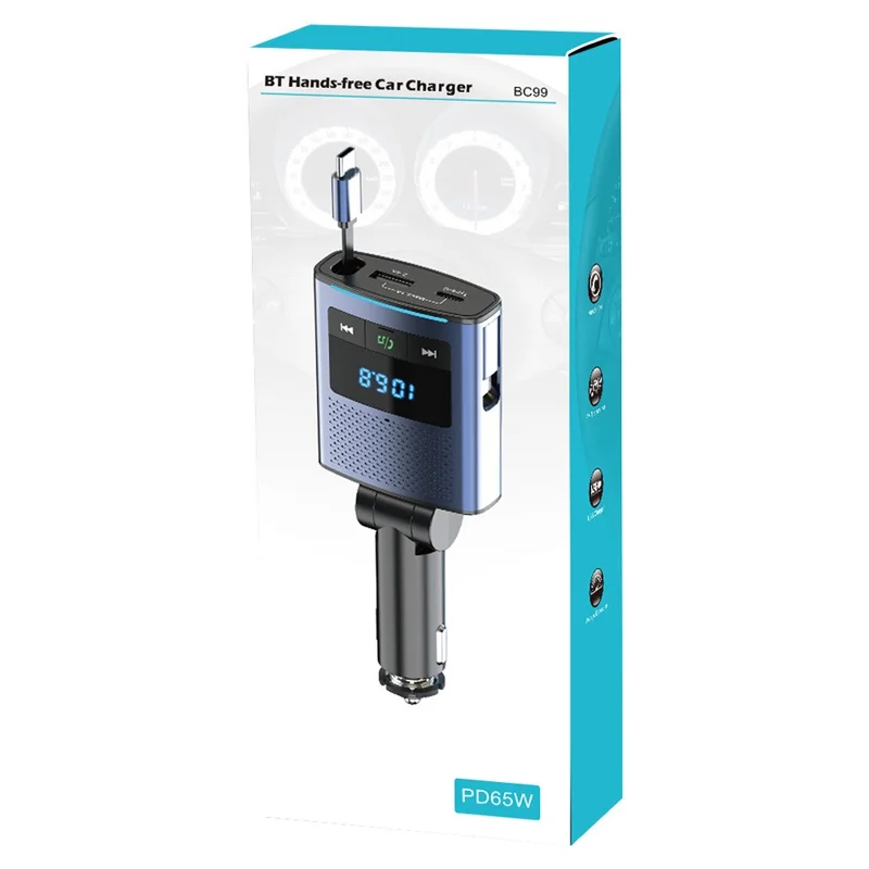 BC99 Trasmettitore FM Bluetooth Caricabatterie per Auto da 65W per Laptop e Telefono con Cavo Retrattile