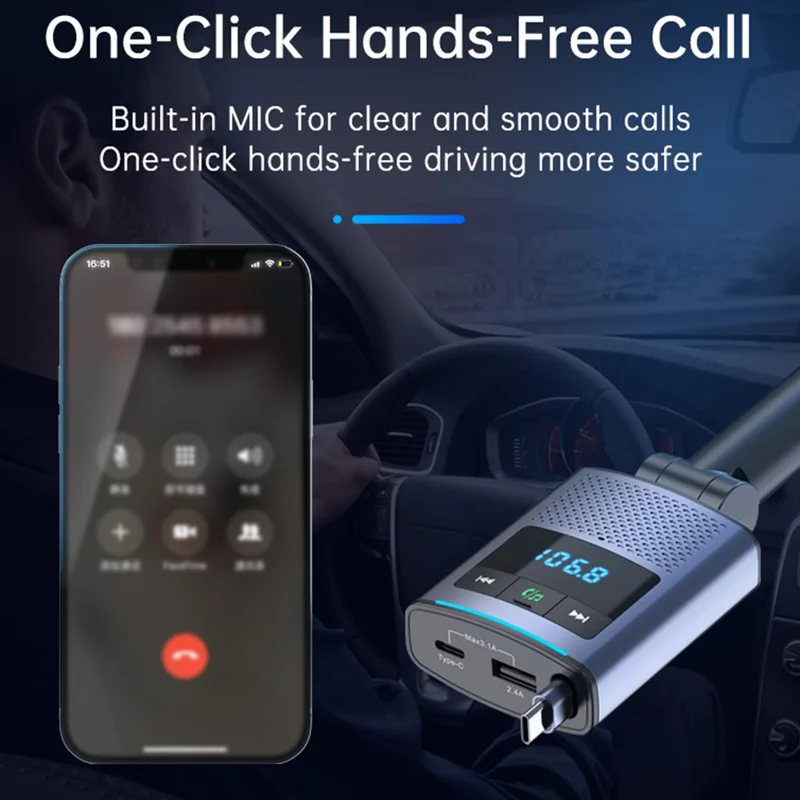 BC99 Trasmettitore FM Bluetooth Caricabatterie per Auto da 65W per Laptop e Telefono con Cavo Retrattile