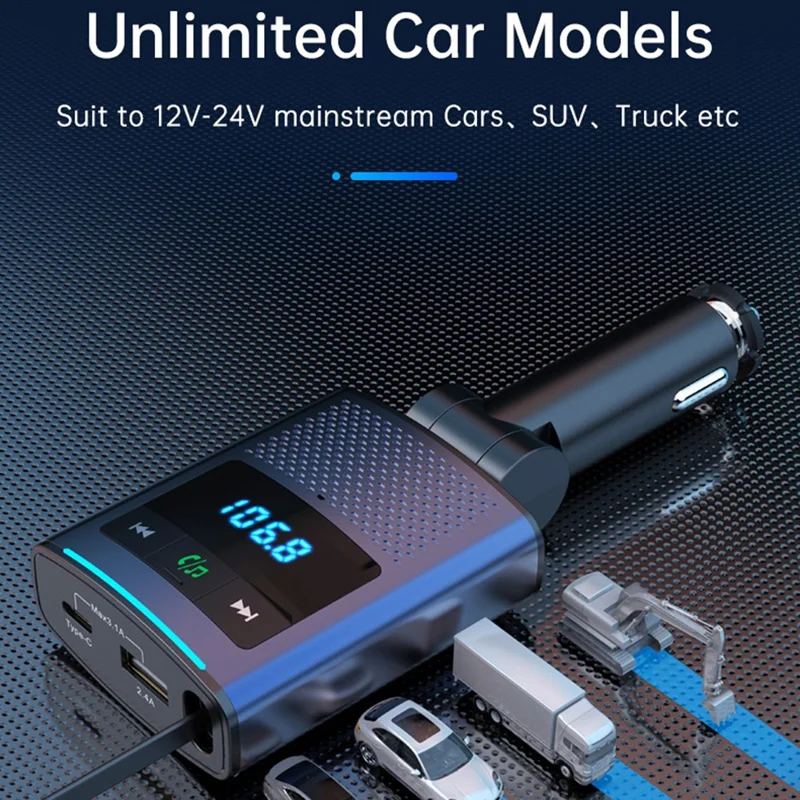 BC99 Trasmettitore FM Bluetooth Caricabatterie per Auto da 65W per Laptop e Telefono con Cavo Retrattile