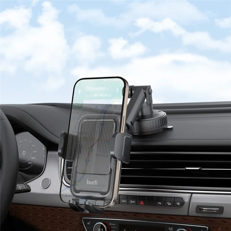 BUDI CM590B Suction Cup Base Car Mount Phone Holder One Hand Operation Adjustable Cellphone Bracket
