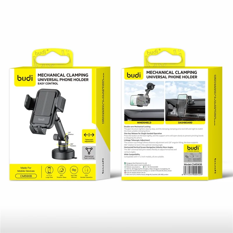 BUDI CM590B Suction Cup Base Car Mount Phone Holder One Hand Operation Adjustable Cellphone Bracket