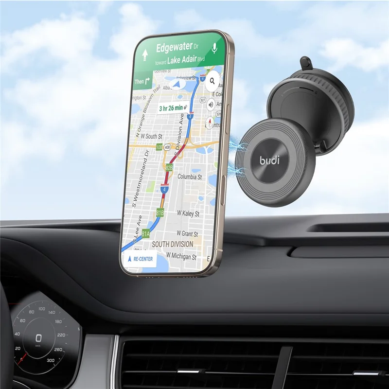 BUDI CM592B Suction Cup Base Cellphone Bracket 2-Stage Foldable Car Magnetic Mount Phone Stand