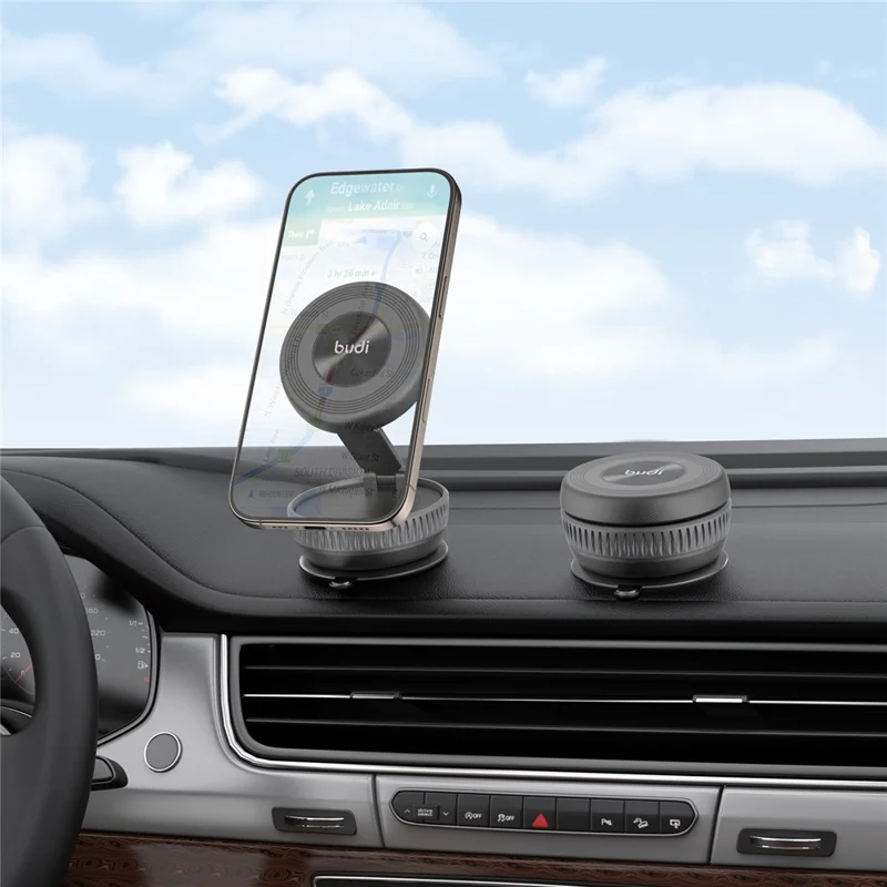 BUDI CM592B Suction Cup Base Cellphone Bracket 2-Stage Foldable Car Magnetic Mount Phone Stand
