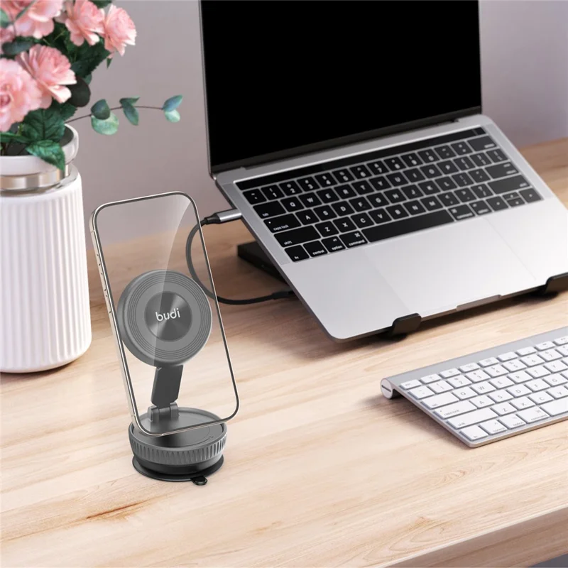 BUDI CM592B Suction Cup Base Cellphone Bracket 2-Stage Foldable Car Magnetic Mount Phone Stand