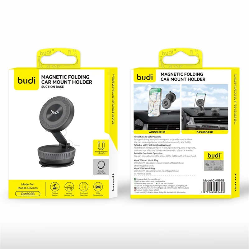 BUDI CM592B Suction Cup Base Cellphone Bracket 2-Stage Foldable Car Magnetic Mount Phone Stand