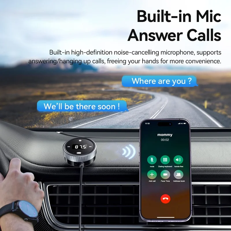 ESSAGER EBTFM-HS0G-P Adaptador de Transmissor FM Compatível com Bluetooth Versão 5.3 Chamadas Hands-Free