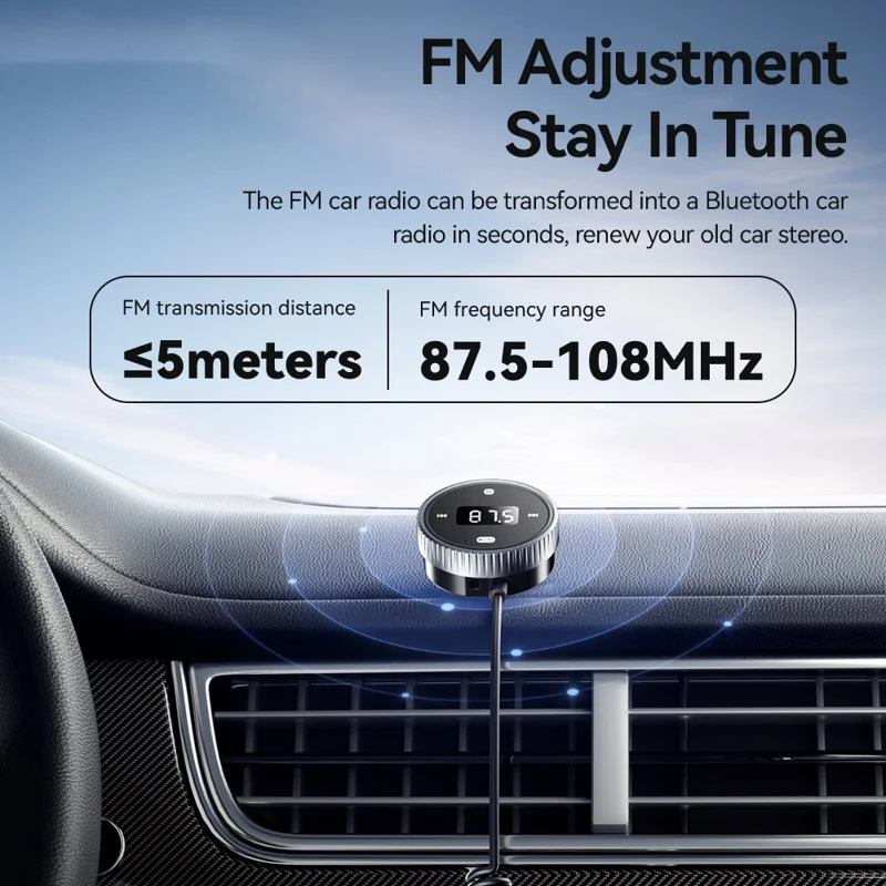ESSAGER EBTFM-HS0G-P Adaptador de Transmissor FM Compatível com Bluetooth Versão 5.3 Chamadas Hands-Free