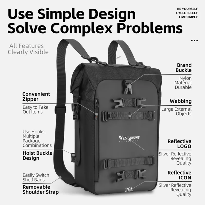 WEST BIKING 20L Grand Sac Latéral de Moto Capacité Sac de Voyage Complet Ouvert Anti-Dérapant Poche en Maille pour Moto