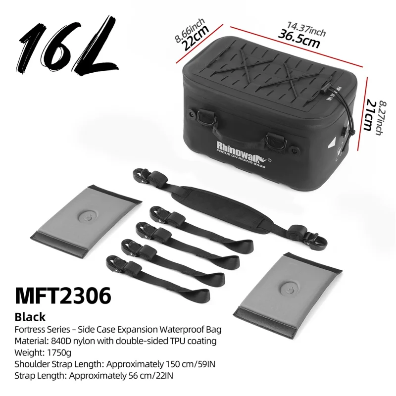 RHINOWALK MFT2306BK 16L Waterproof Side Case Expansion Bag Motorcycle Tail Bag Thermal Insulation with UFO Quick-Release Buckle