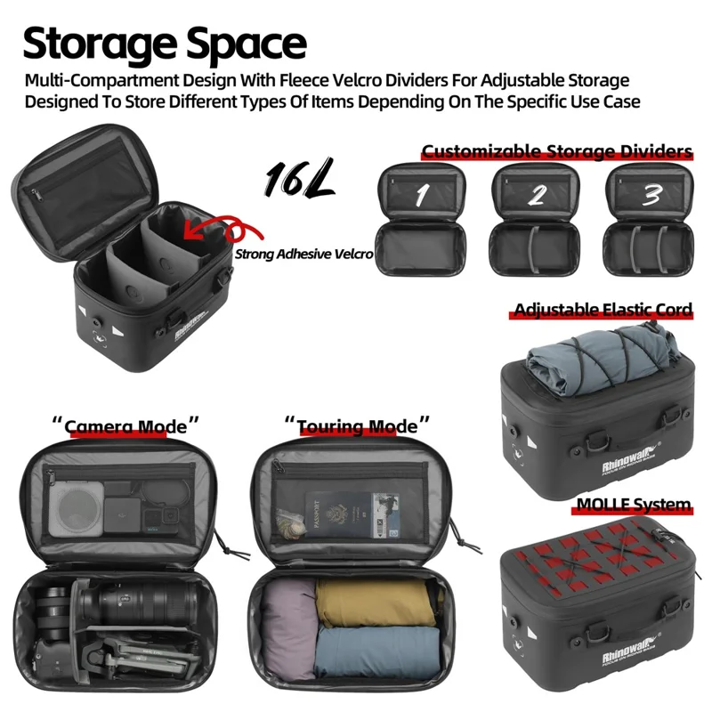 RHINOWALK MFT2306BK 16L Waterproof Side Case Expansion Bag Motorcycle Tail Bag Thermal Insulation with UFO Quick-Release Buckle