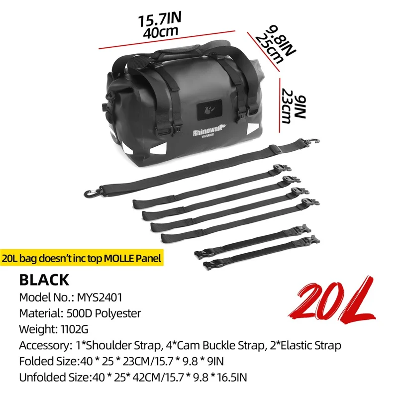 RHINOWALK MYS2401 20L Waterproof Motorcycle Tail Bag Reflective Roll Top Motorbike Luggage Bag