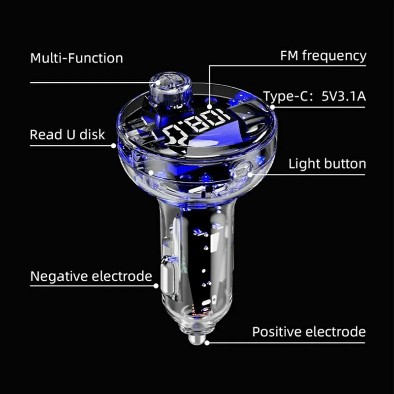 C10 Multifunctional Car MP3 Player Adapter BT Hands-Free FM Transmitter Car Charger with USB / Type-C Ports - Black