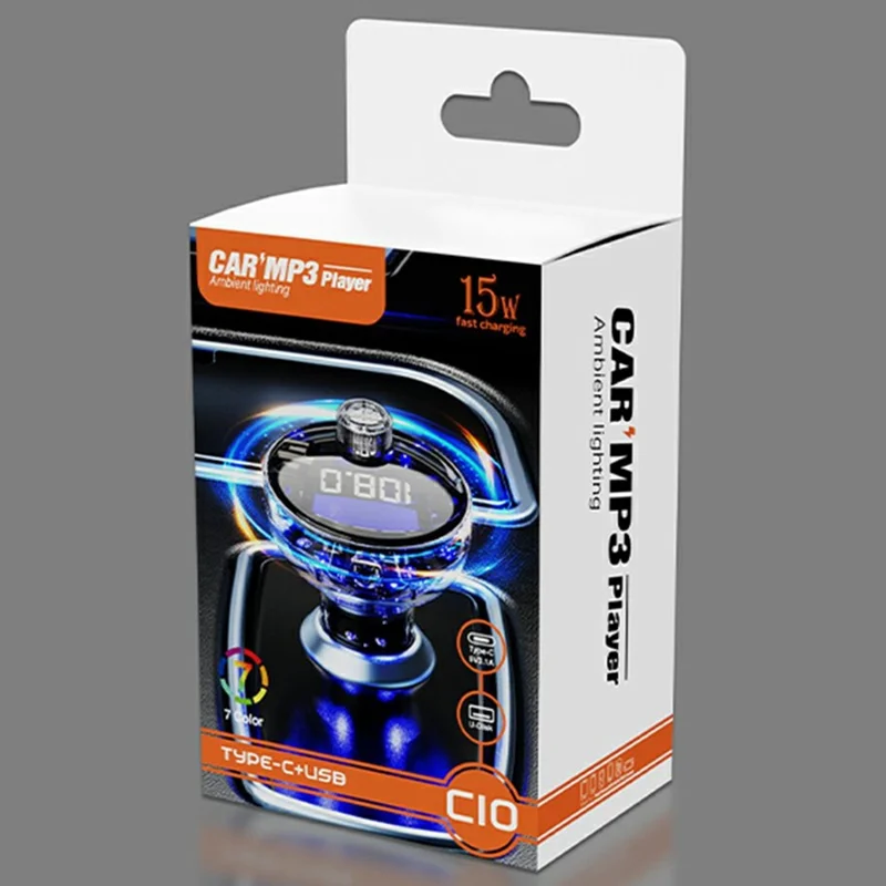 C10 Multifunctional Car MP3 Player Adapter BT Hands-Free FM Transmitter Car Charger with USB / Type-C Ports - Black