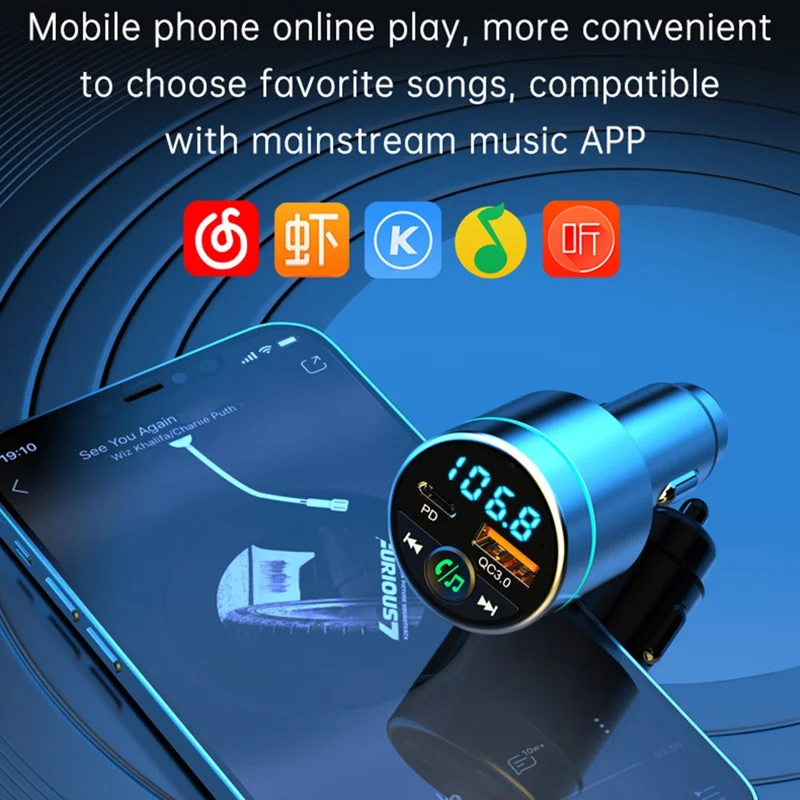 Car FM Transmitter Bluetooth-compatible 5.3 PD 20W QC3.0 18W Fast Charger Supports Hands-Free Call