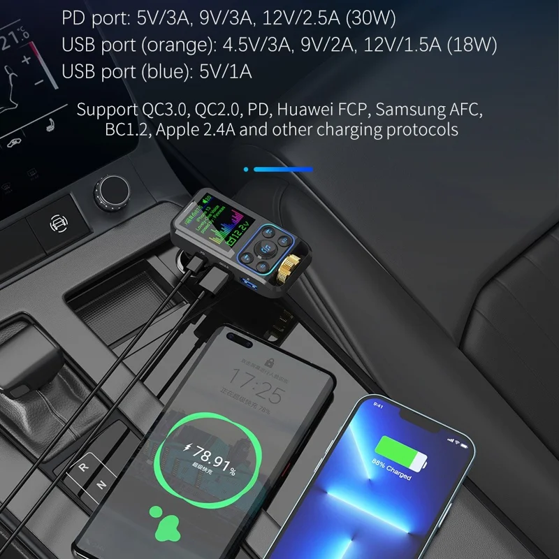 BC83 Bluetooth-compatible Hands-free Call MP3 Music Player Voltage Monitoring Dual USB+Type-C Car Charger FM Transmitter Support U-disk / TF Card / AUX