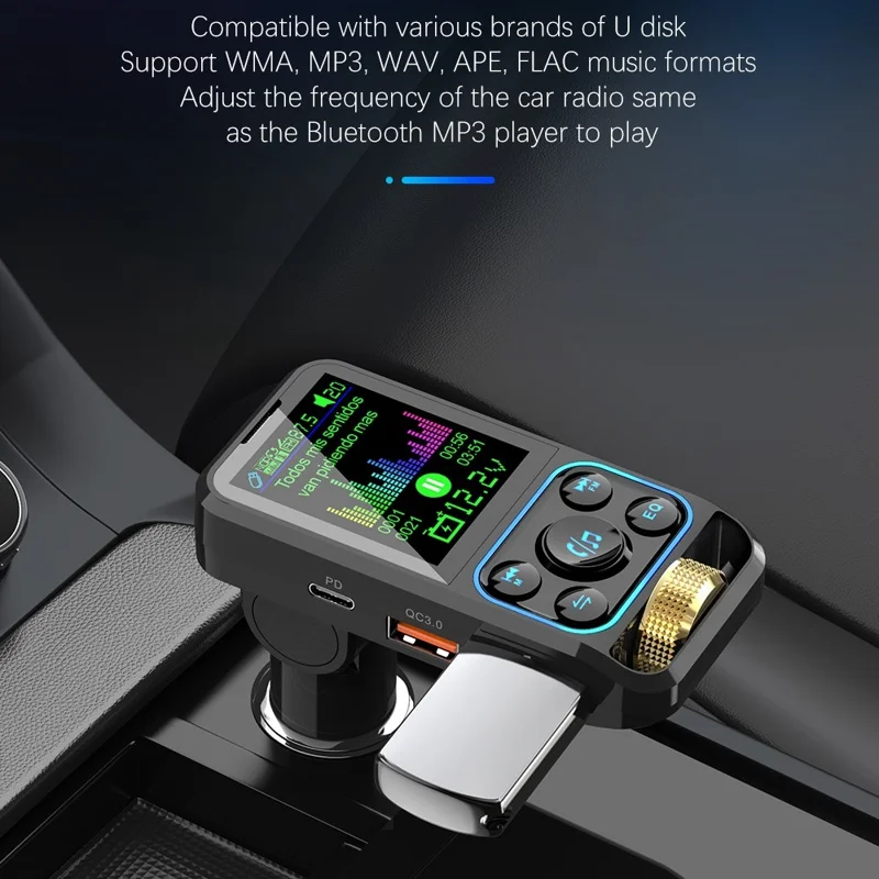 BC83 Bluetooth-compatible Hands-free Call MP3 Music Player Voltage Monitoring Dual USB+Type-C Car Charger FM Transmitter Support U-disk / TF Card / AUX