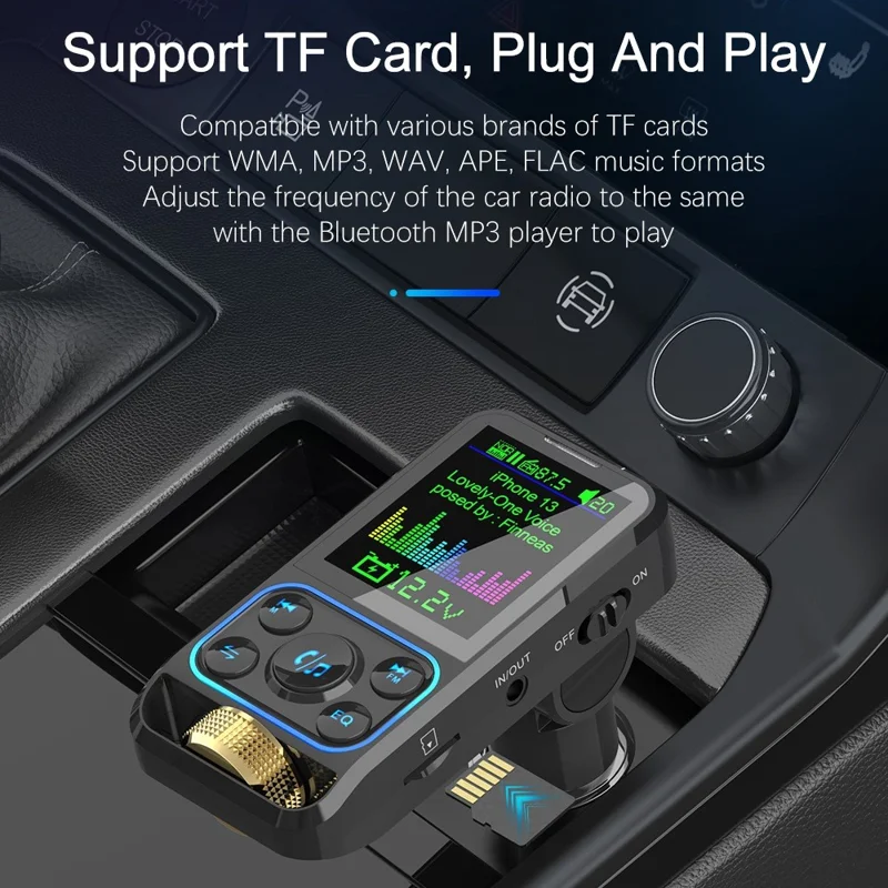 BC83 Bluetooth-compatible Hands-free Call MP3 Music Player Voltage Monitoring Dual USB+Type-C Car Charger FM Transmitter Support U-disk / TF Card / AUX