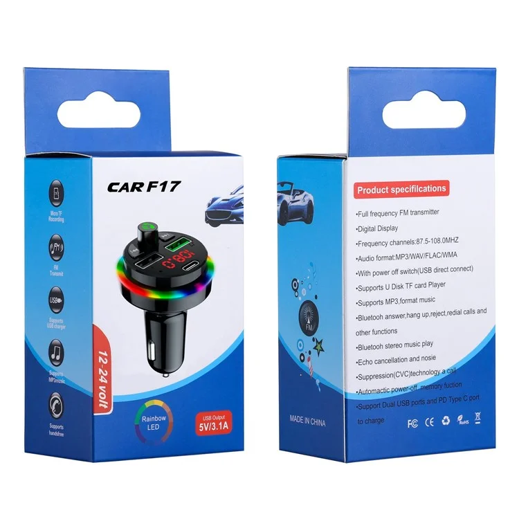 F17 Appel mains libres Bluetooth Lecteur de musique Transmetteur FM Chargeur de voiture Double USB + Type-C Prise en charge du disque U / Carte TF 