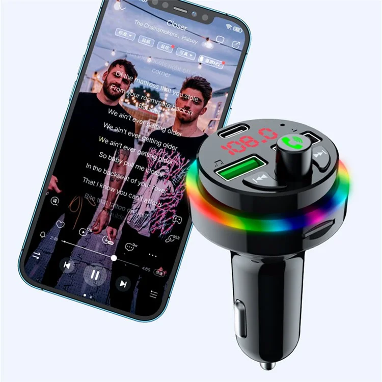 F17 Appel mains libres Bluetooth Lecteur de musique Transmetteur FM Chargeur de voiture Double USB + Type-C Prise en charge du disque U / Carte TF 