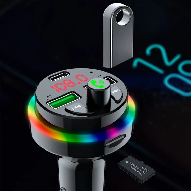 F17 Appel mains libres Bluetooth Lecteur de musique Transmetteur FM Chargeur de voiture Double USB + Type-C Prise en charge du disque U / Carte TF 